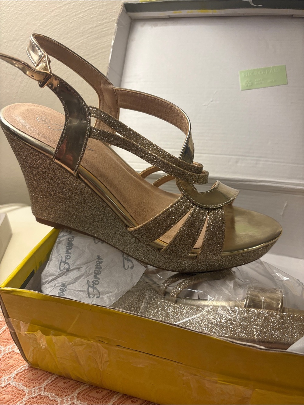 Forever 21 Metallic Gold Glitter Wedge Sandals - Women